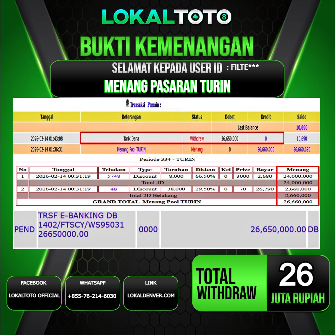 LOKALTOTO JACKPOT PASARAN TURIN RP.26.000.000.,- LUNAS USER ID  : FILTE***