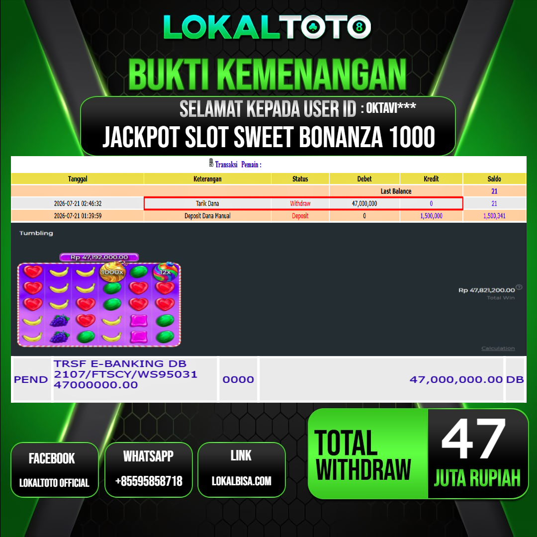 LOKALTOTO JACKPOT SLOT SWEET BONANZA 1000 RP.47.000.000.,- LUNAS USER ID :  OKTAVI***
