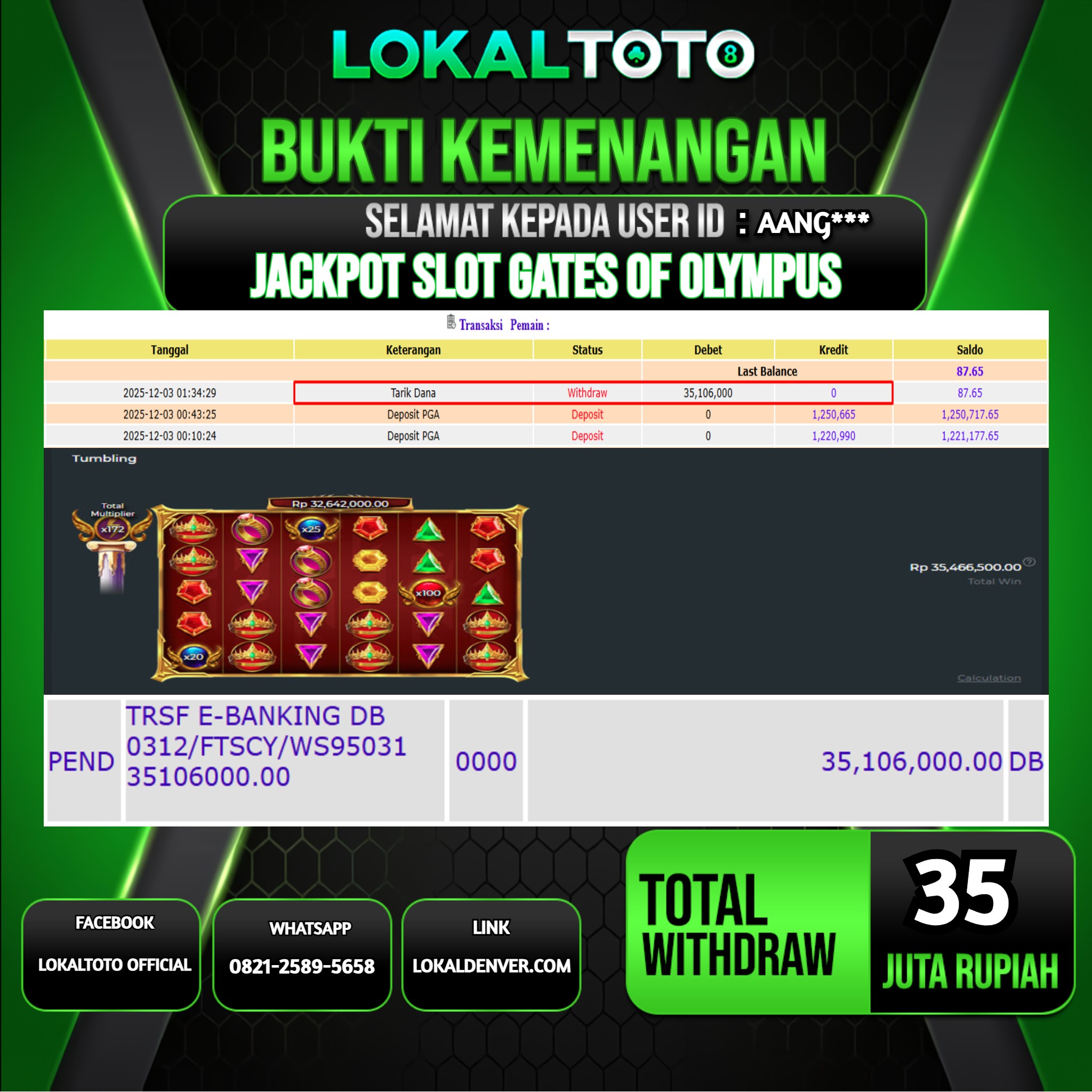 LOKALTOTO JACKPOT SLOT GATES OF OLYMPUS RP.35.000.000.,- LUNAS USER ID  :  AANG***