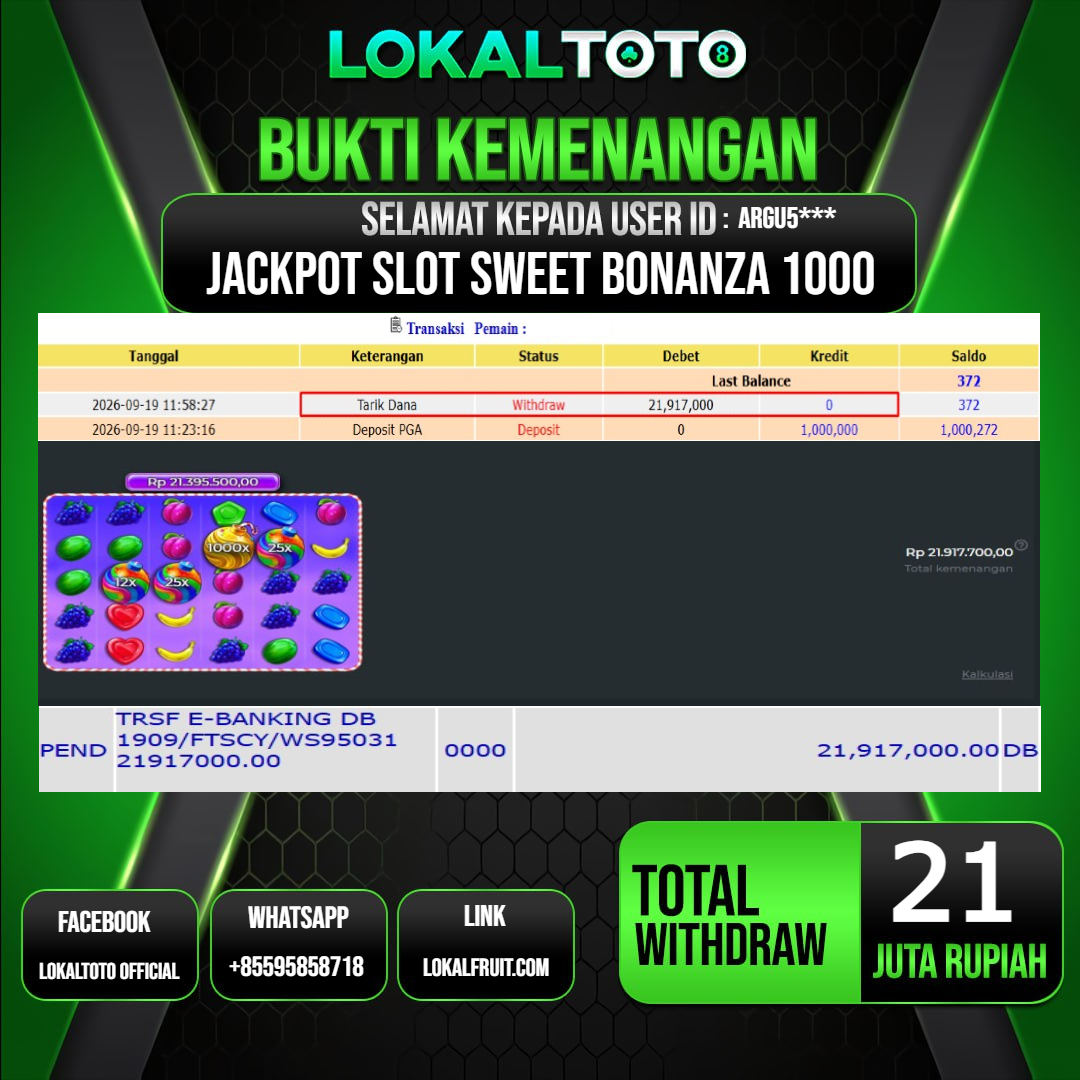 LOKALTOTO JACKPOT SLOT SWEET BONANZA 1000 RP.21.000.000.,- LUNAS USER ID : ARGU5***