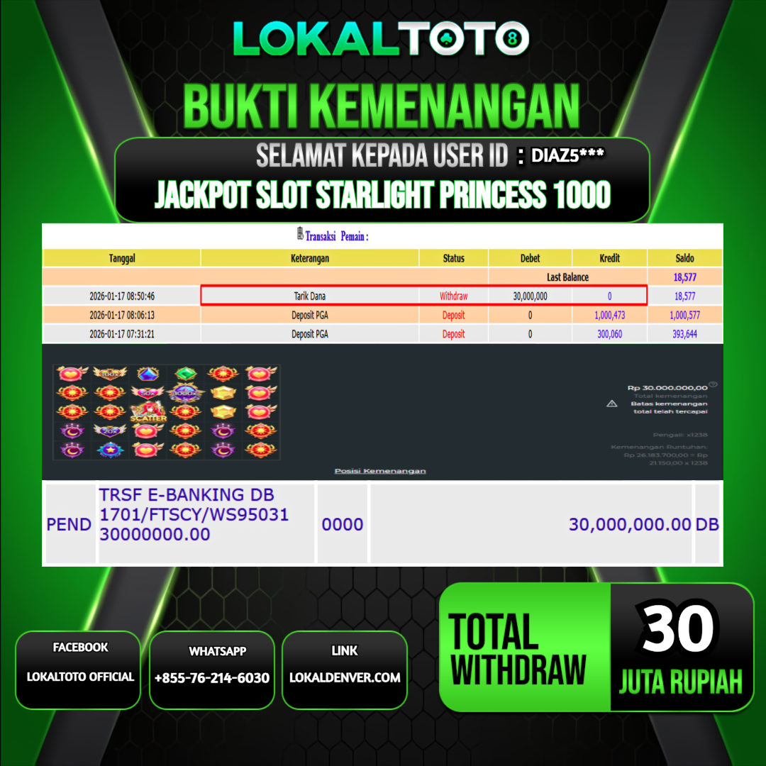 LOKALTOTO JACKPOT SLOT STARLIGHT PRINCESS 1000 RP.30.000.000.,- LUNAS USER ID  : DIAZ5***