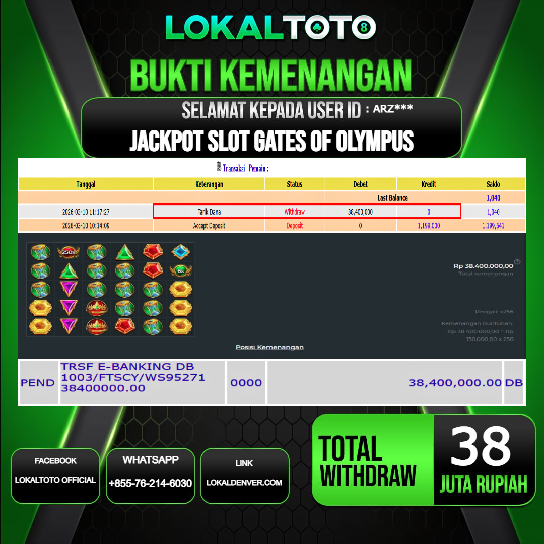 LOKALTOTO JACKPOT SLOT GATES OF OLYMPUS RP.38.000.000.,- LUNAS USER ID  : ARZ***
