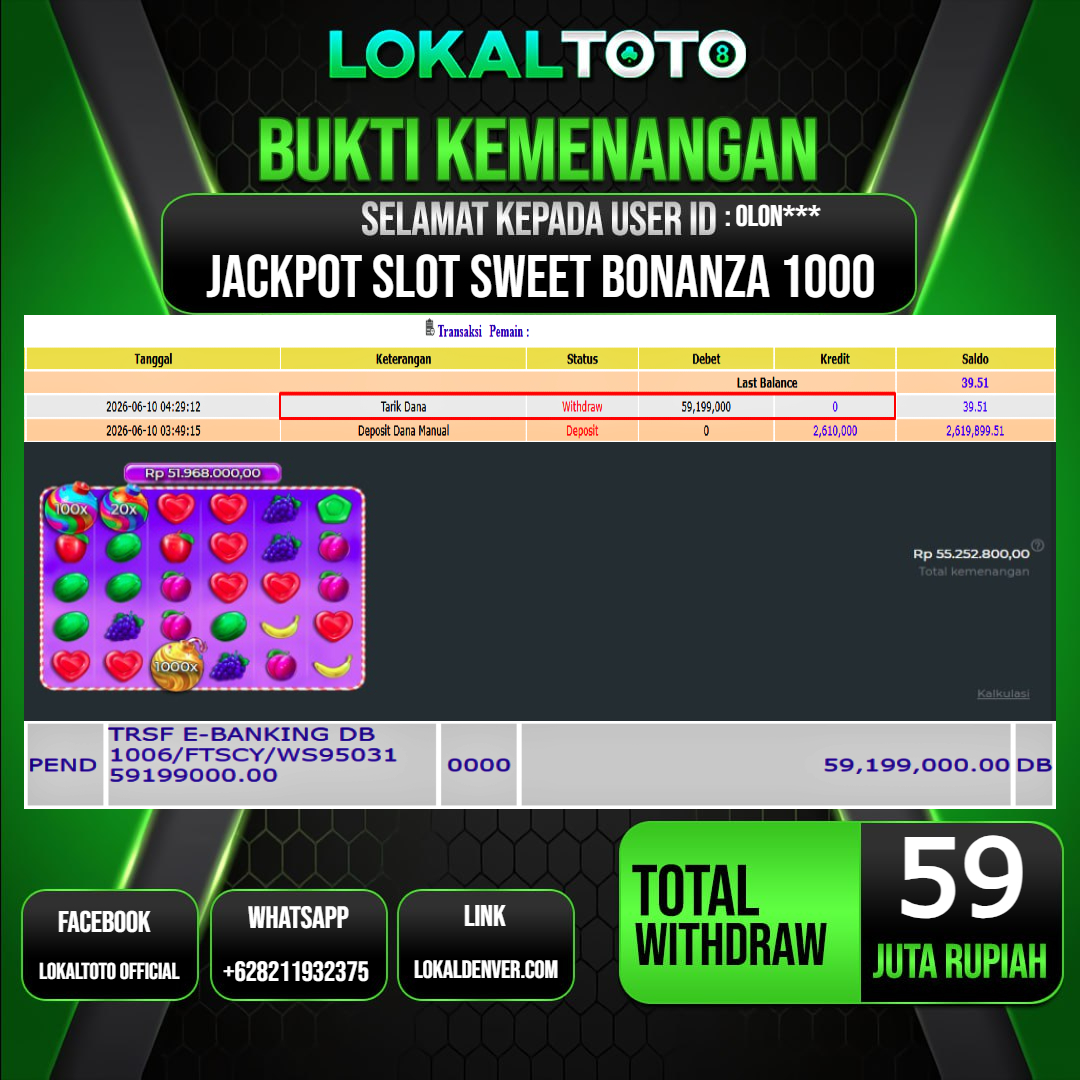 LOKALTOTO  JACKPOT SLOT SWEET BONANZA 1000 RP.59.000.000.,- LUNAS USER ID  : OLON***