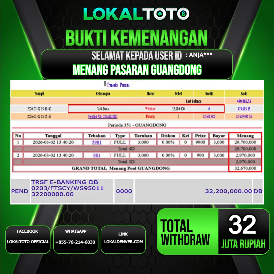 LOKALTOTO JACKPOT PASARAN GUANGDONG RP.32.000.000.,- LUNAS USER ID  : ANJA***