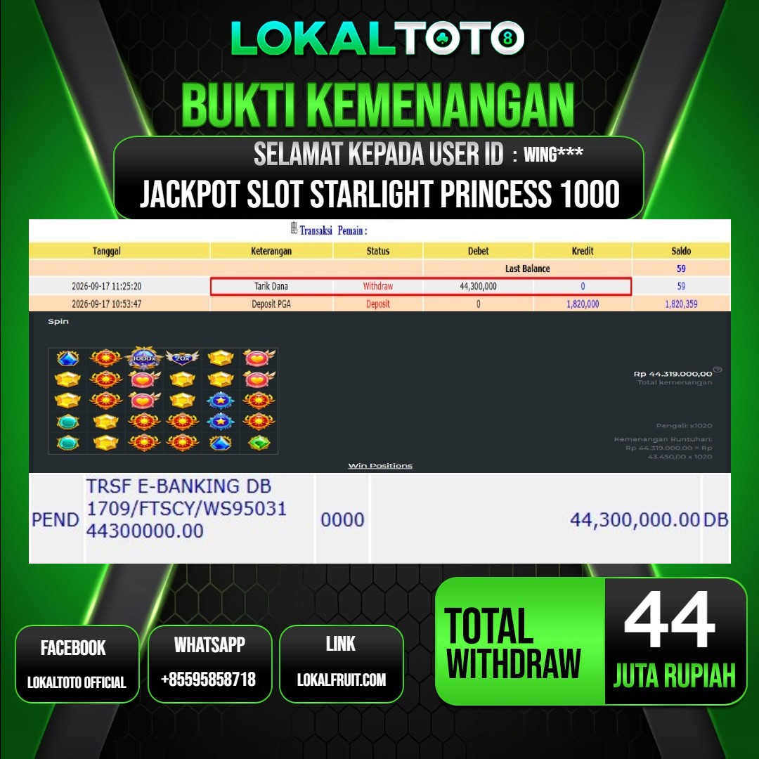 LOKALTOTO JACKPOT SLOT STARLIGHT PRINCESS 1000 RP.44.000.000.,- LUNAS USER ID : WING***