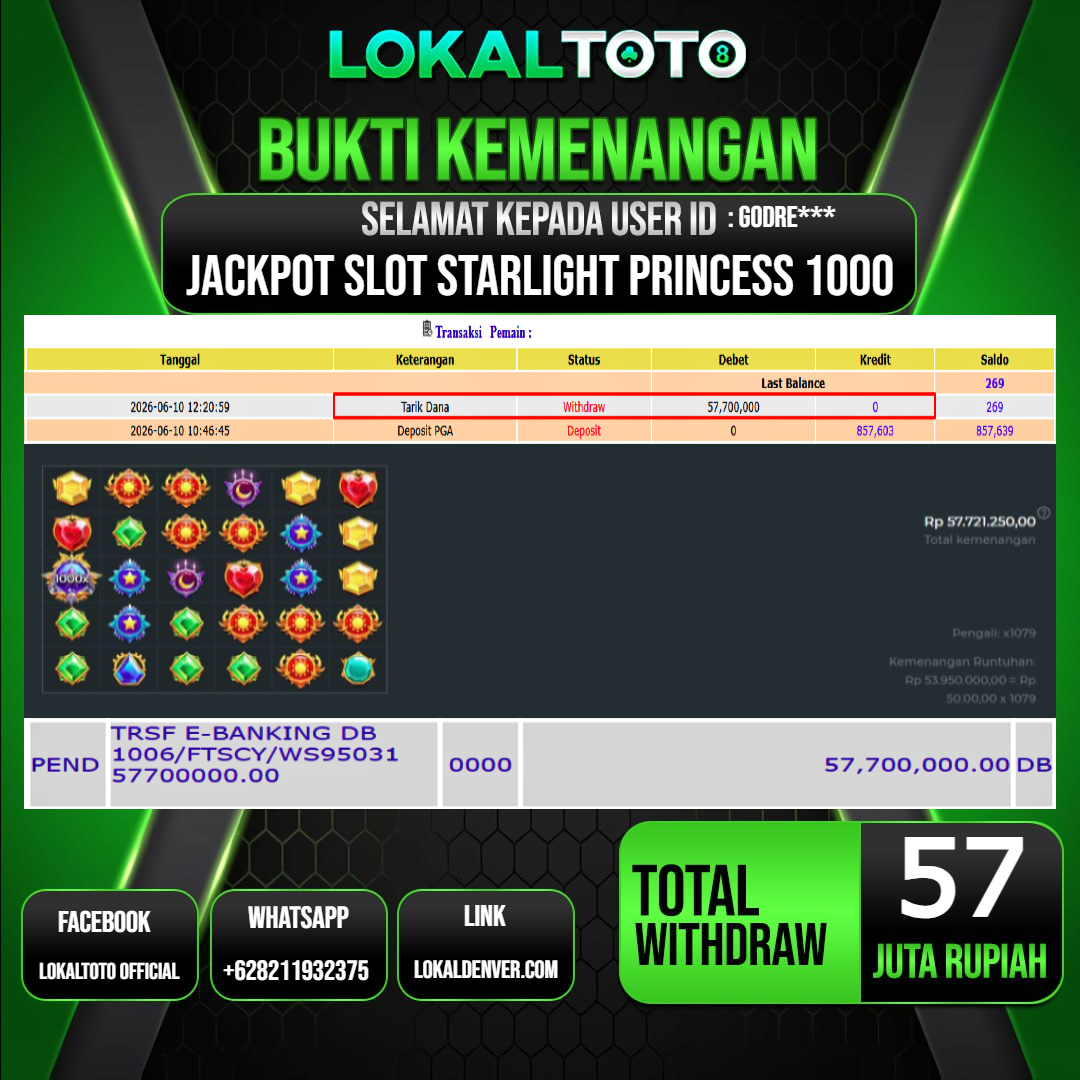 LOKALTOTO JACKPOT SLOT STARLIGHT PRINCESS 1000 RP.57.000.000.,- LUNAS USER ID  : GODRE***