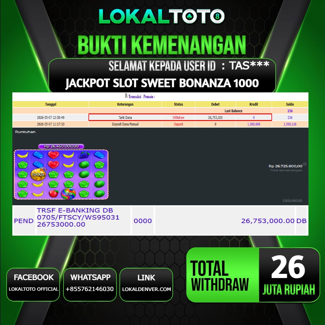 LOKALTOTO JACKPOT SLOT SWEET BONANZA 1000 RP.26.000.000.,- LUNAS USER ID  : TAS***