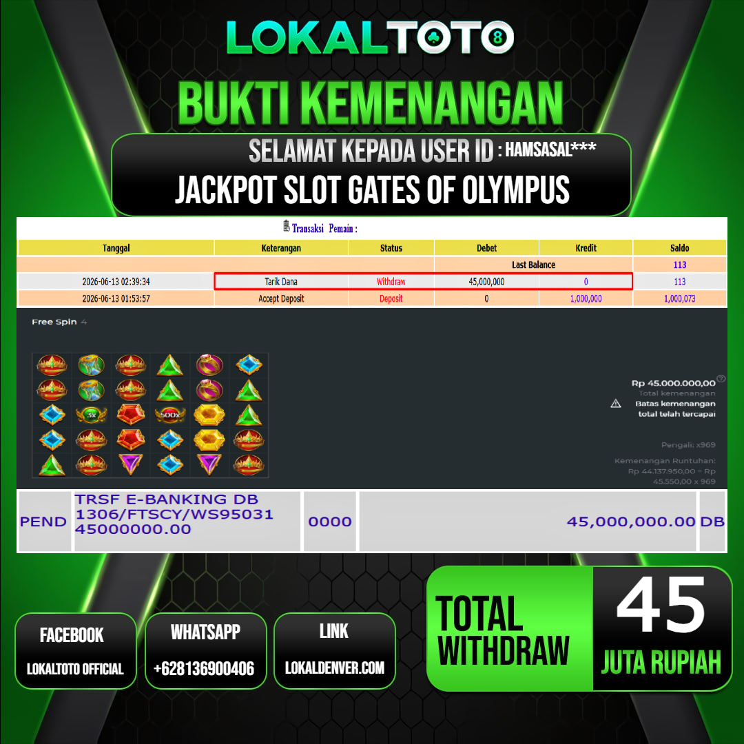 LOKALTOTO  JACKPOT SLOT GATES OF OLYMPUS RP.45.000.000.,- LUNAS USER ID  :  HAMSASAL***