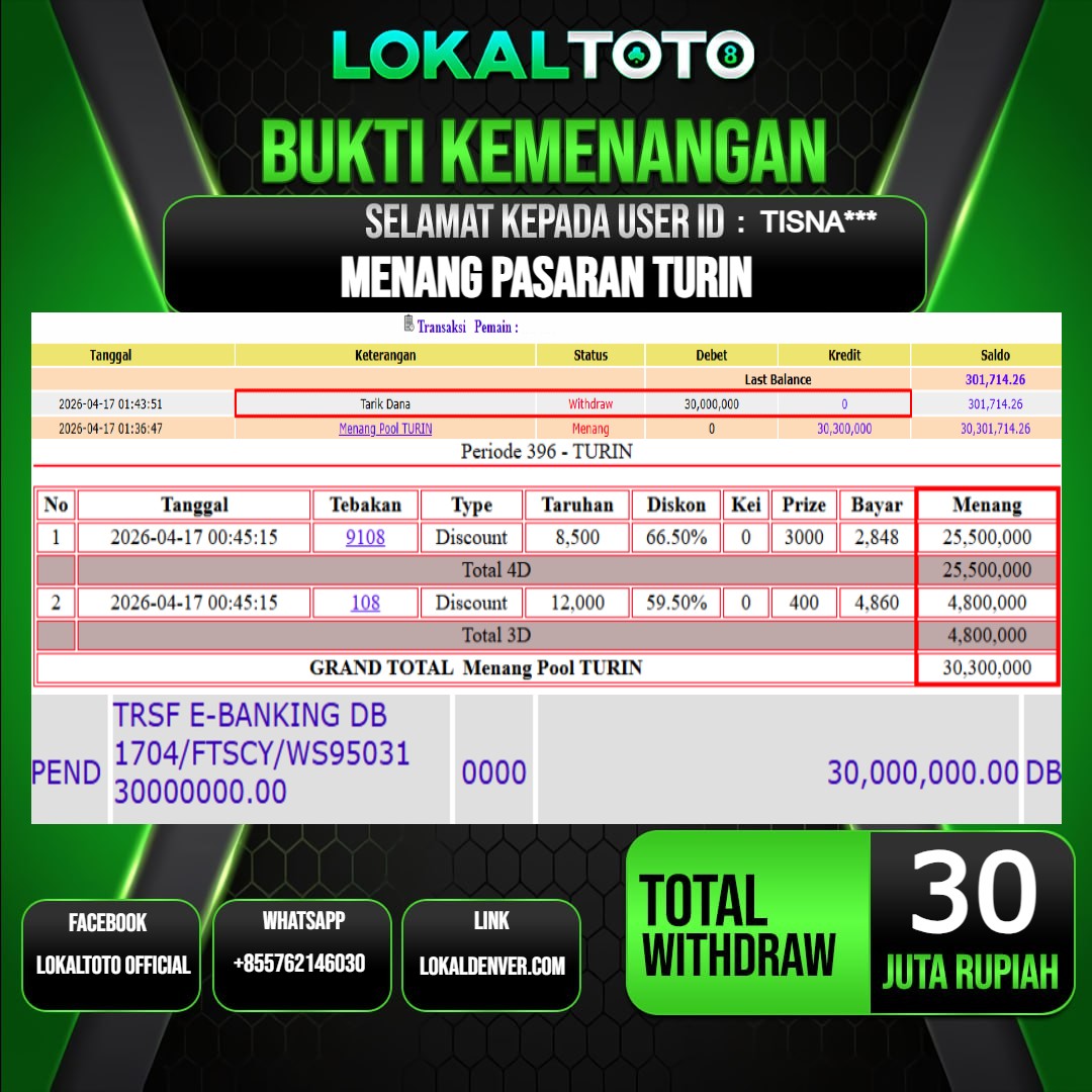 LOKALTOTO JACKPOT PASARAN TURIN RP.30.000.000.,- LUNAS USER ID  : TISNA***