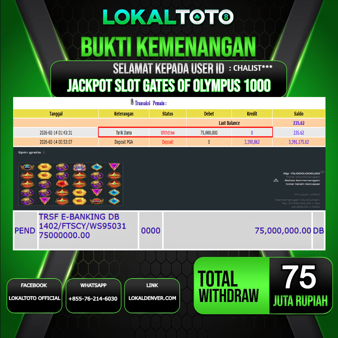 LOKALTOTO JACKPOT SLOT GATES OF OLYMPUS 1000 RP.75.000.000.,- LUNAS USER ID  : CHALIST***