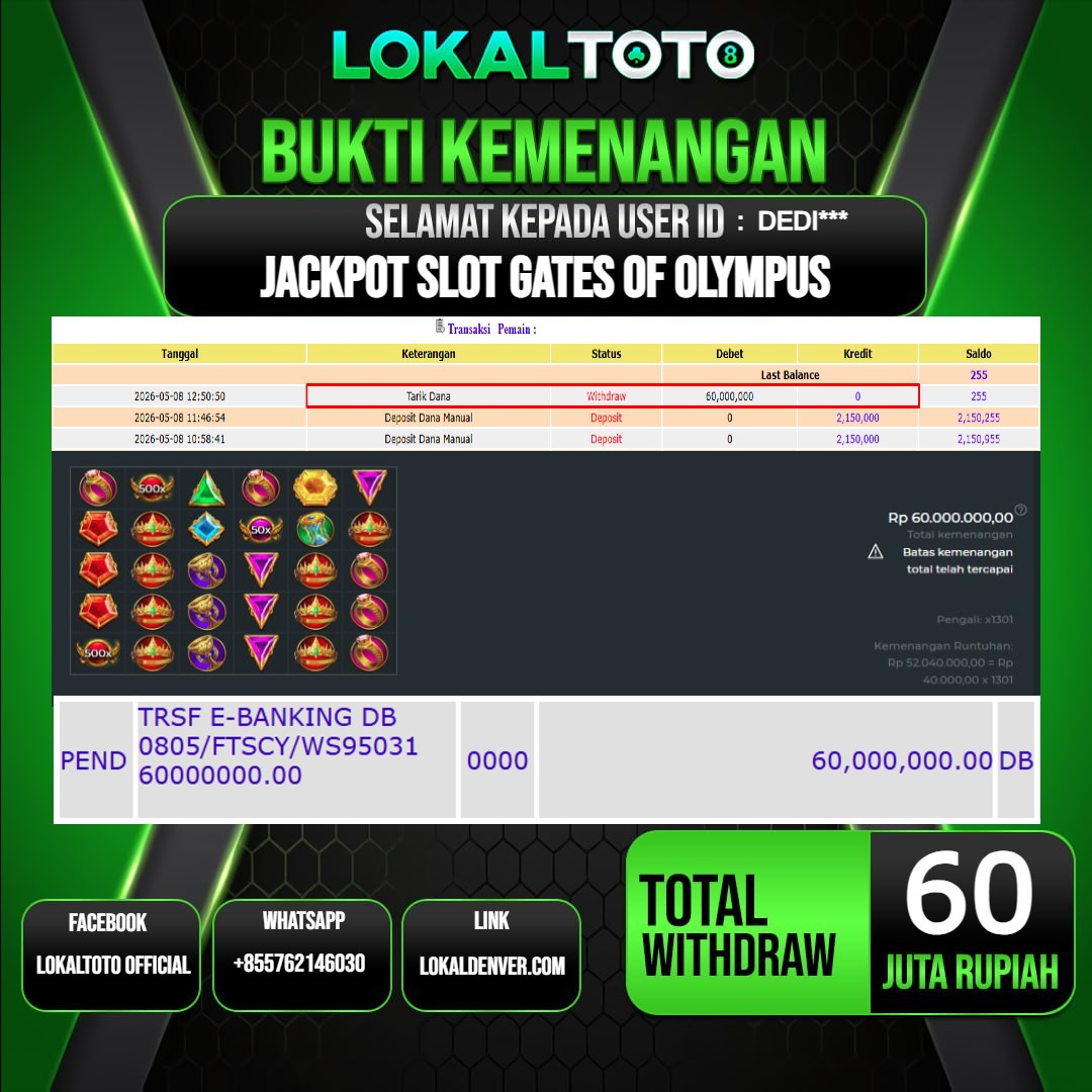 LOKALTOTO JACKPOT SLOT GATES OF OLYMPUS RP.60.000.000.,- LUNAS USER ID  : DEDI***