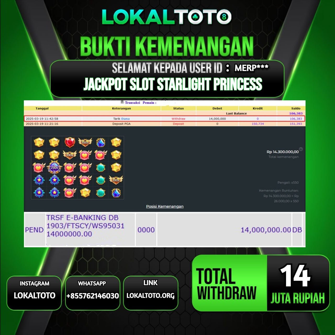 LOKALTOTO JACKPOT SLOT STARLIGHT PRINCESS RP.14.000.000.,- LUNAS USER ID : MERP***