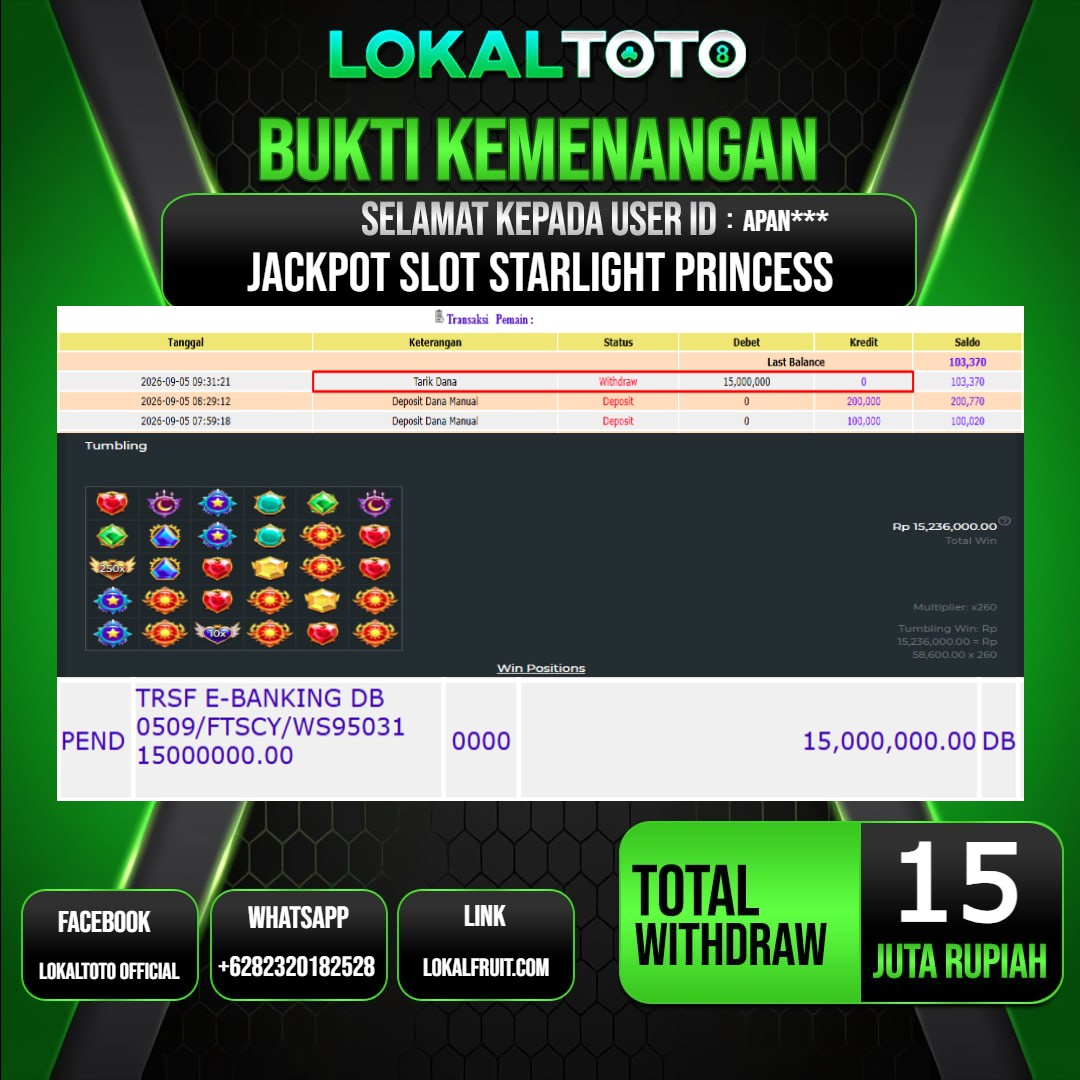 LOKALTOTO JACKPOT SLOT STARLIGHT PRINCESS RP.15.000.000.,- LUNAS USER ID : APAN***