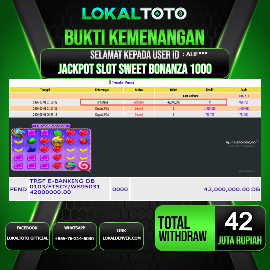 LOKALTOTO JACKPOT SLOT SWEET BONANZA 1000 RP.42.000.000.,- LUNAS USER ID  : ALIF***