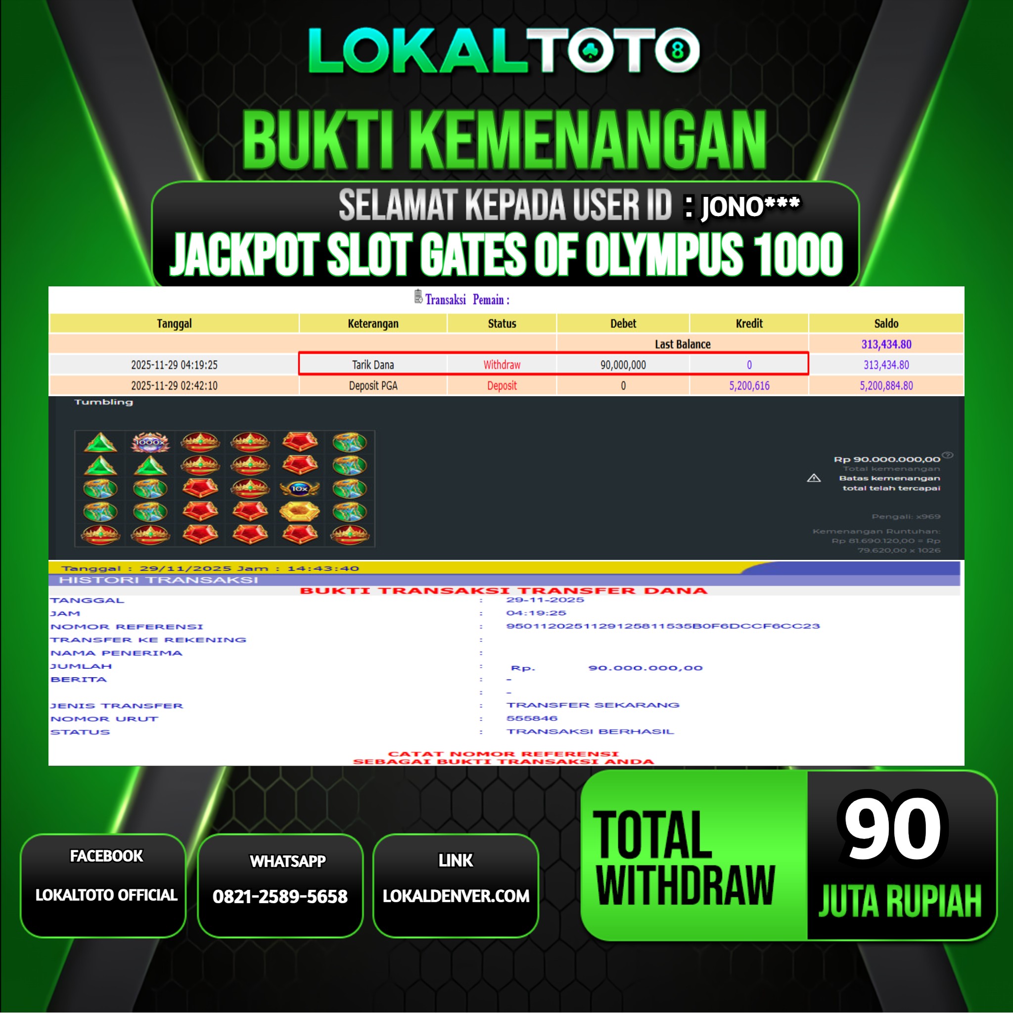 LOKALTOTO JACKPOT SLOT GATES OF OLYMPUS 1000 RP.90.000.000.,- LUNAS USER ID  :  JONO***