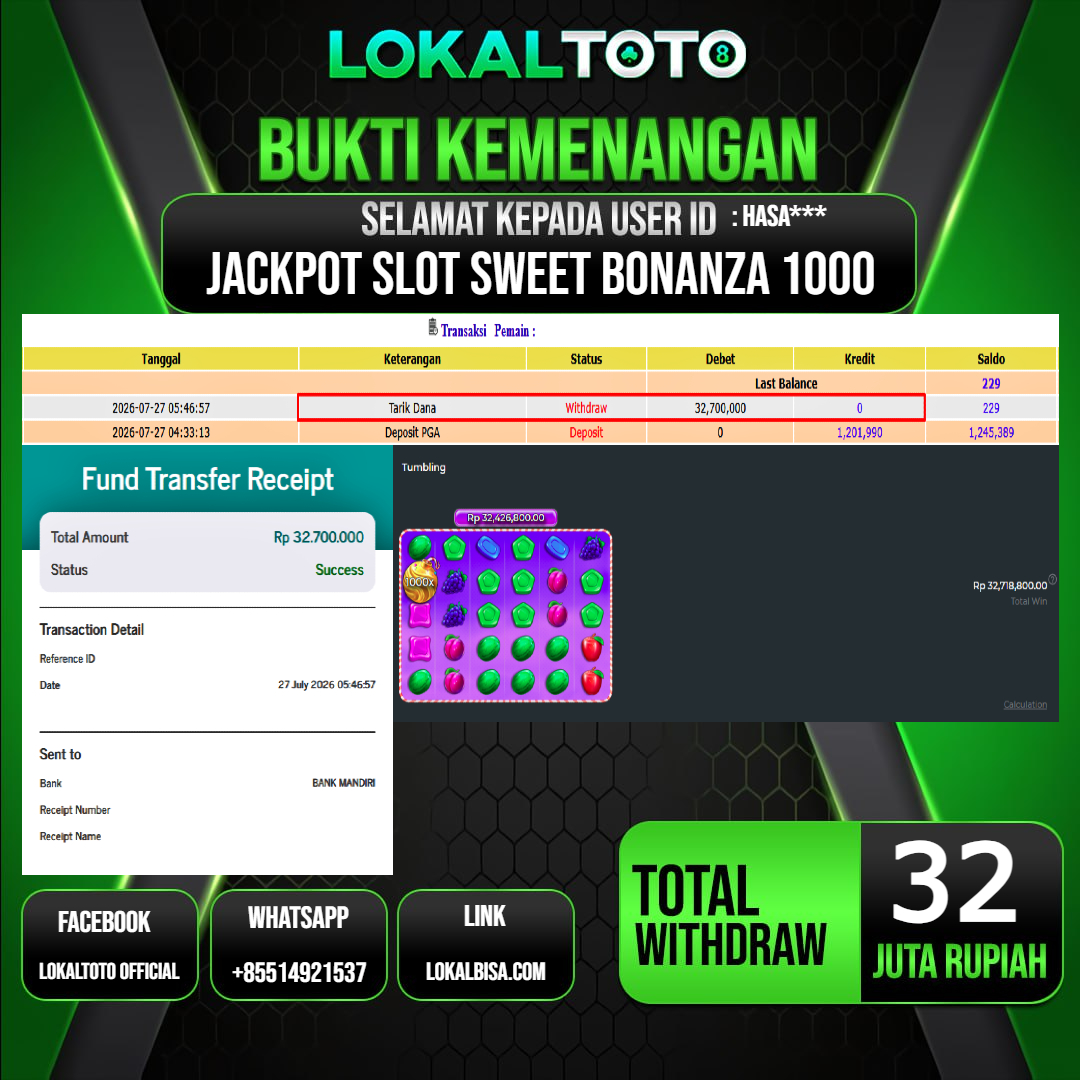 LOKALTOTO JACKPOT SLOT SWEET BONANZA 1000 RP.32.000.000.,- LUNAS USER ID : HASA***