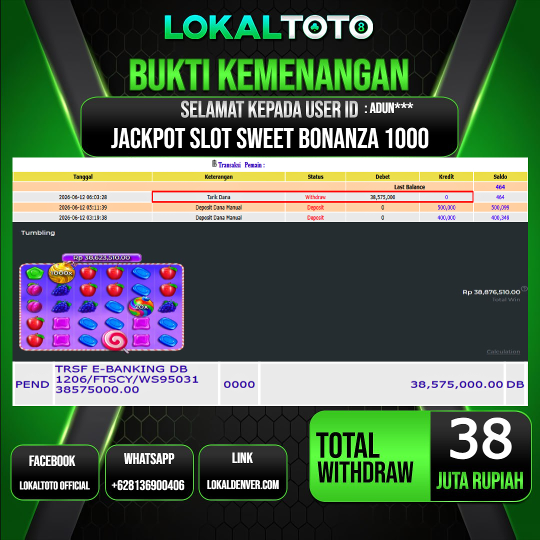 LOKALTOTO  JACKPOT SLOT SWEET BONANZA 1000 RP.38.000.000.,- LUNAS USER ID  : ADUN***