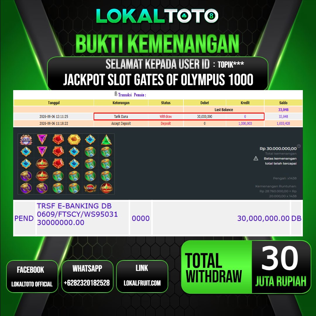 LOKALTOTO JACKPOT SLOT GATES OF OLYMPUS 1000 RP.30.000.000.,- LUNAS USER ID : TOPIK***