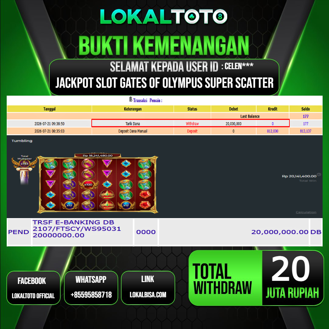 LOKALTOTO JACKPOT SLOT GATES OF OLYMPUS SUPER SCATTER RP.20.000.000.,- LUNAS USER ID :  CELEN***