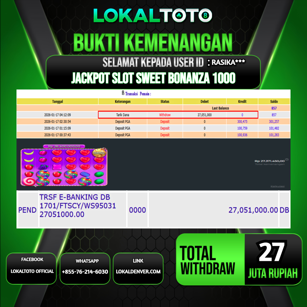 LOKALTOTO JACKPOT SLOT SWEET BONANZA 1000 RP.27.000.000.,- LUNAS USER ID  : RASIKA***