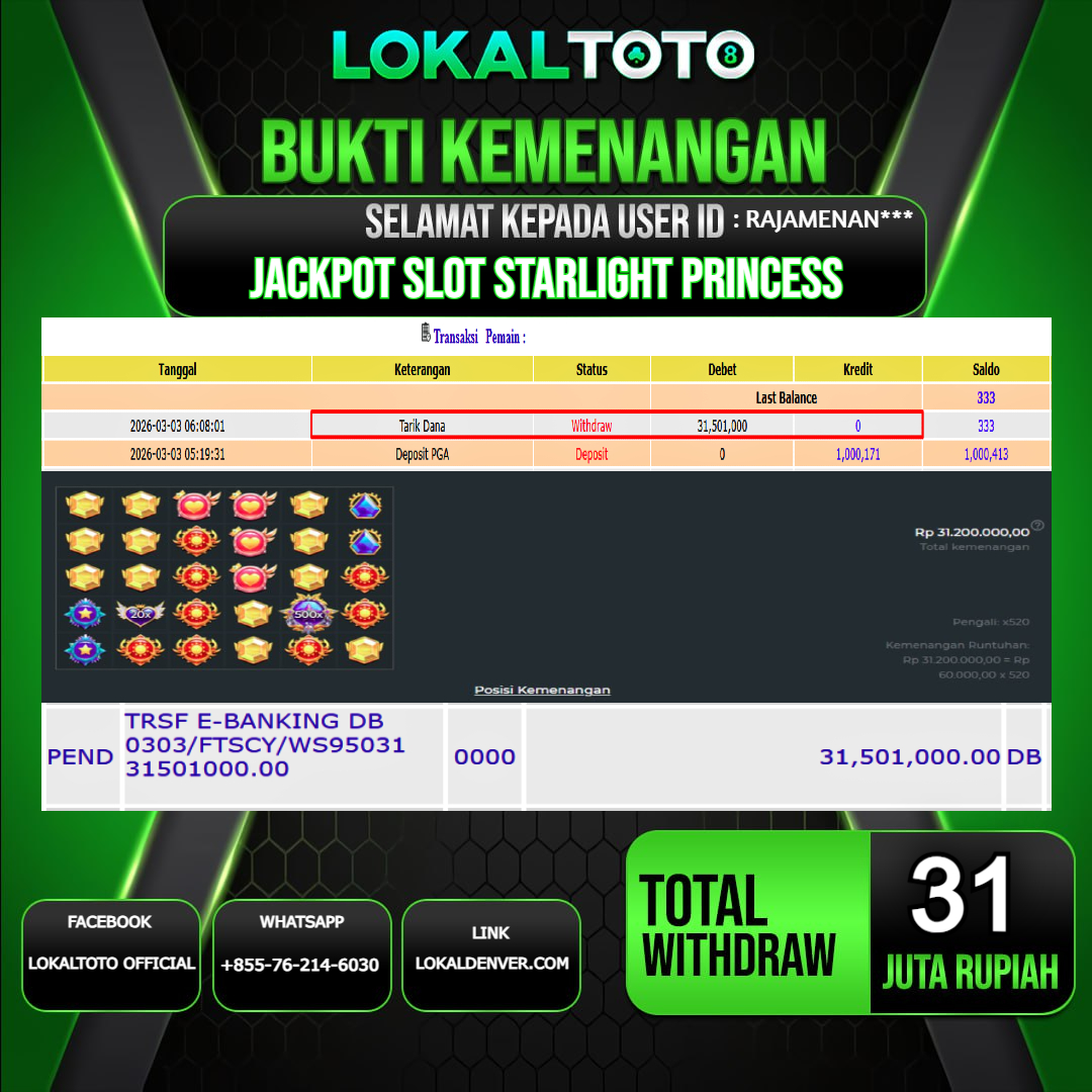 LOKALTOTO JACKPOT SLOT STARLIGHT PRINCESS RP.31.000.000.,- LUNAS USER ID  : RAJAMENAN***