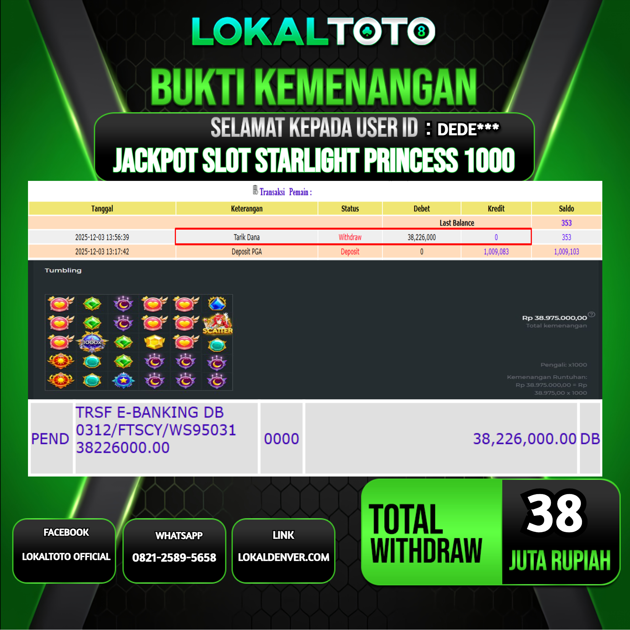LOKALTOTO JACKPOT SLOT STARLIGHT PRINCESS 1000  RP.38.000.000.,- LUNAS USER ID  :  DEDE***
