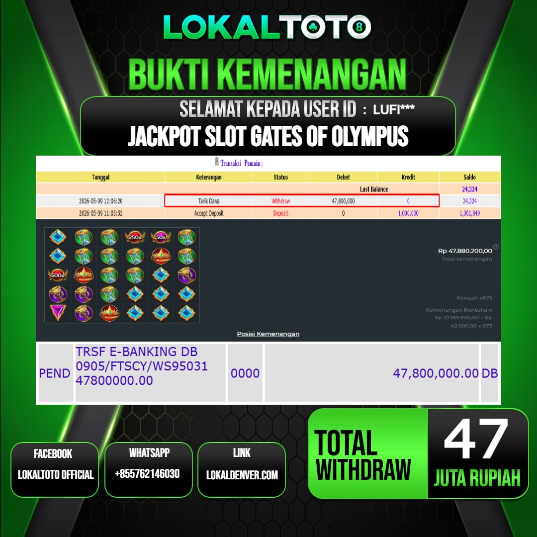 LOKALTOTO JACKPOT SLOT GATES OF OLYMPUS RP.47.000.000.,- LUNAS USER ID  : LUFI***