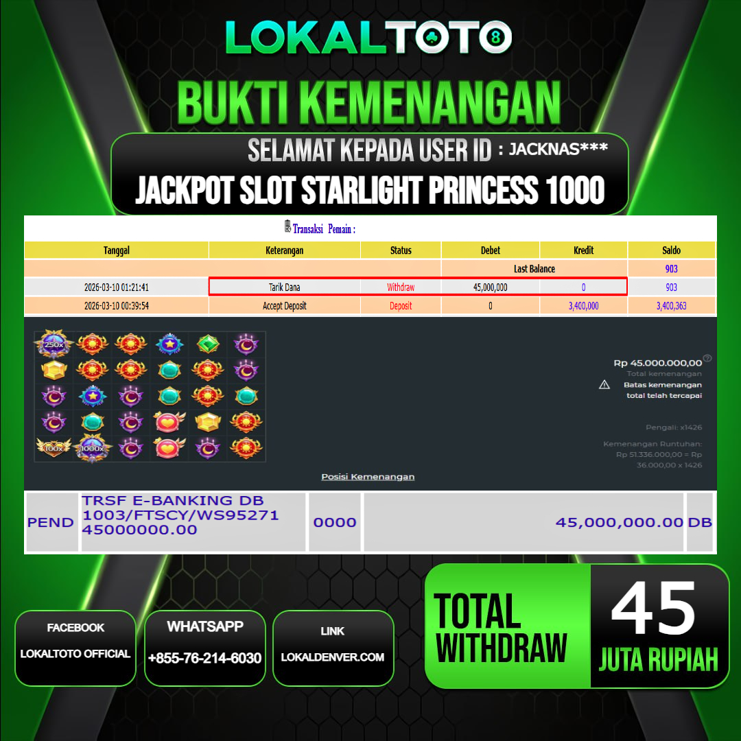 LOKALTOTO JACKPOT SLOT STARLIGHT PRINCESS 1000 RP.45.000.000.,- LUNAS USER ID  : JACKNNAS***