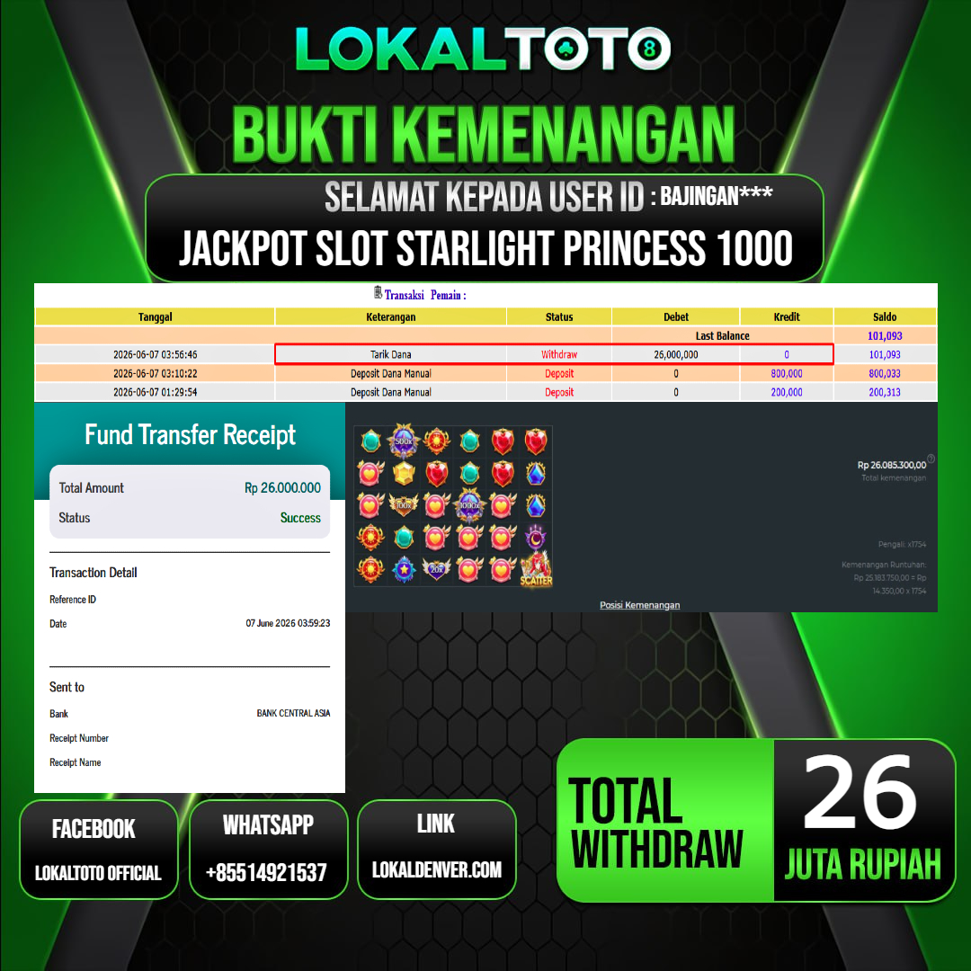 LOKALTOTO  JACKPOT SLOT STARLIGHT PRINCESS 1000 RP.26.000.000.,- LUNAS USER ID  : BAJINGAN***