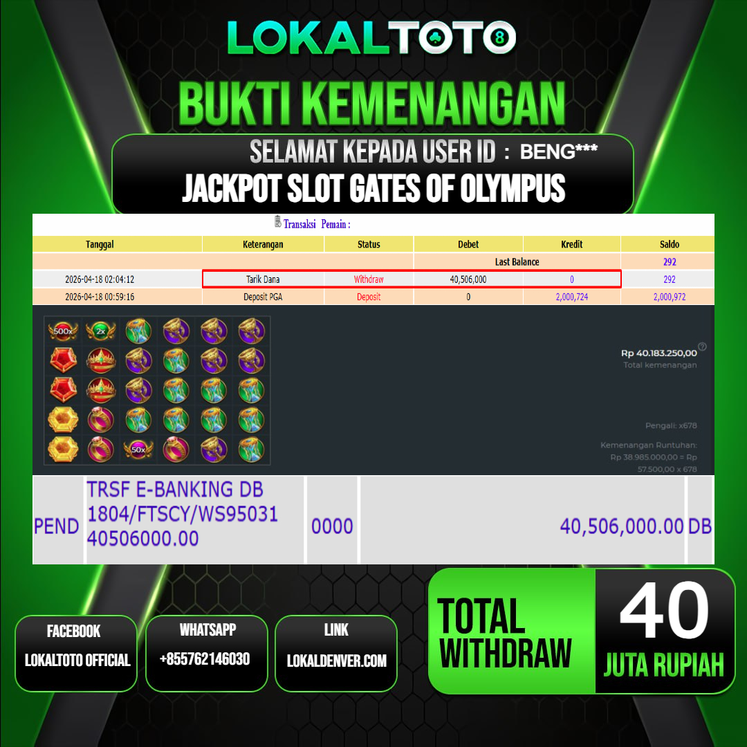 LOKALTOTO JACKPOT SLOT GATES OF OLYMPUS RP.40.000.000.,- LUNAS USER ID  : BENG***