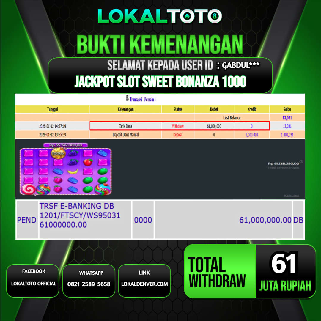 LOKALTOTO JACKPOT SLOT SWEET BONANZA 1000 RP.61.000.000.,- LUNAS USER ID  : GABDUL***