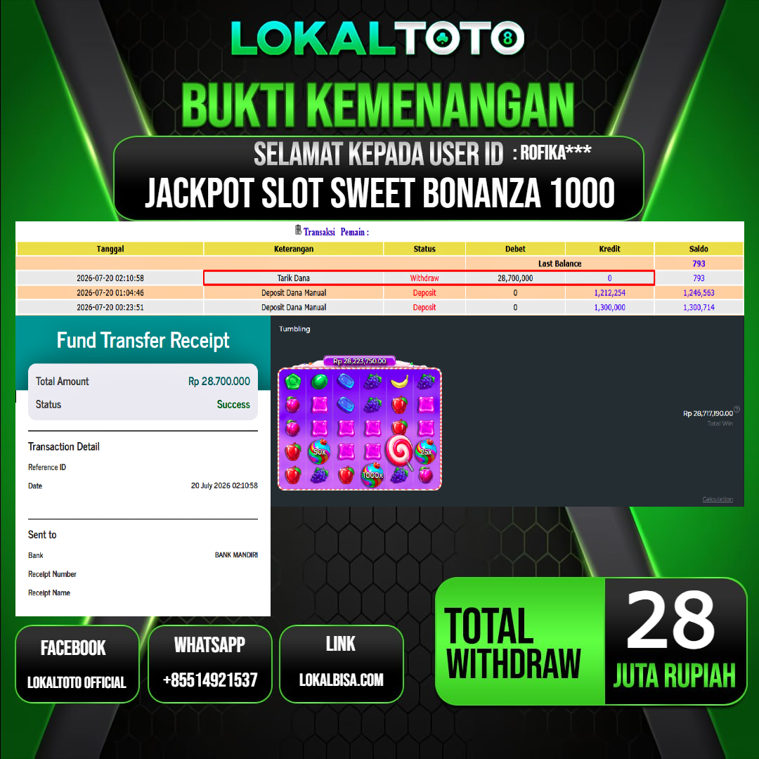 LOKALTOTO JACKPOT SLOT SWEET BONANZA 1000 RP.28.000.000.,- LUNAS USER ID : ROFIKA***