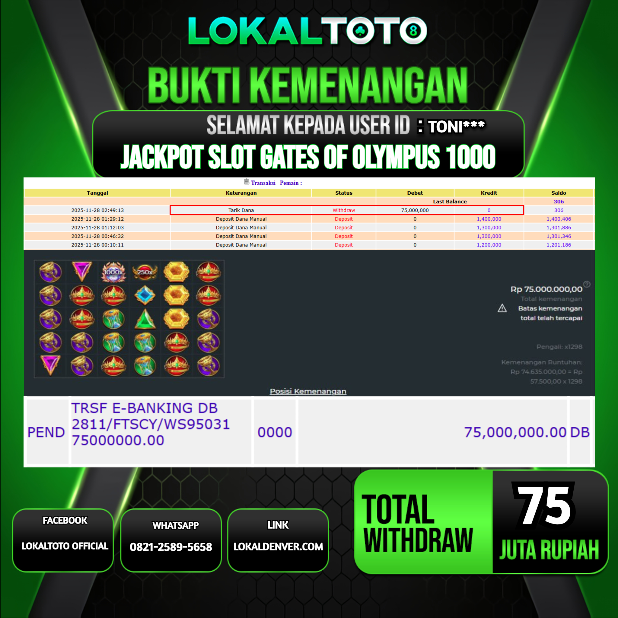 LOKALTOTO JACKPOT SLOT GATES OF OLYMPUS 1000 RP.75.000.000.,- LUNAS USER ID  :  TONI***