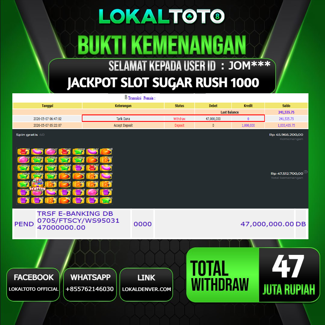 LOKALTOTO JACKPOT SLOT SUGAR RUSH 1000 RP.47.000.000.,- LUNAS USER ID  : JOM***