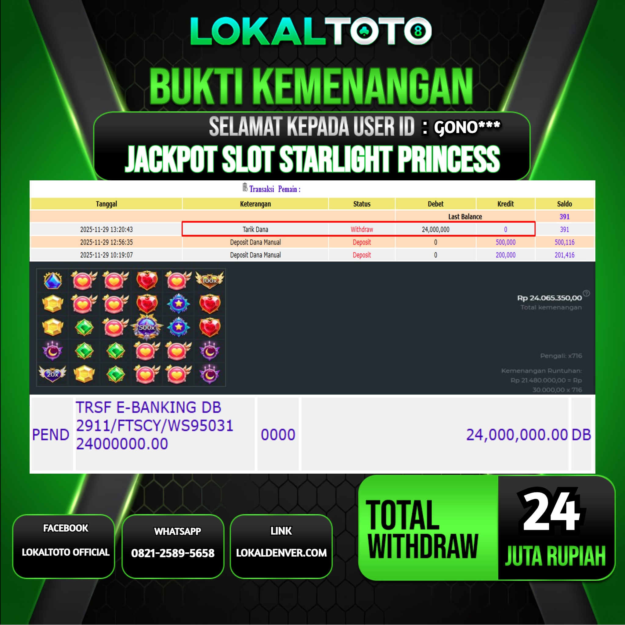 LOKALTOTO JACKPOT SLOT STARLIGHT PRINCESS RP.24.000.000.,- LUNAS USER ID  :  GONO***