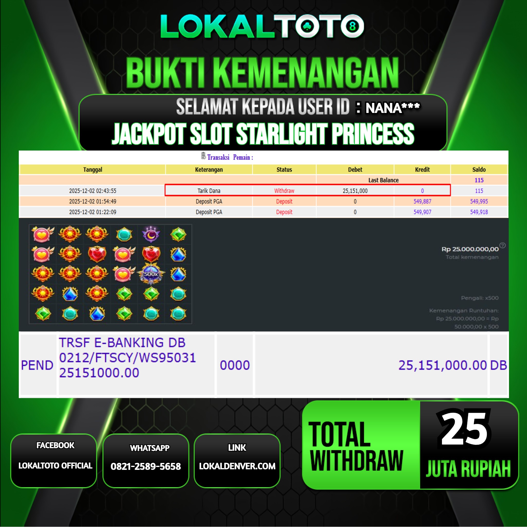 LOKALTOTO JACKPOT SLOT STARLIGHT PRINCESS RP.25.000.000.,- LUNAS USER ID  :  NANA***