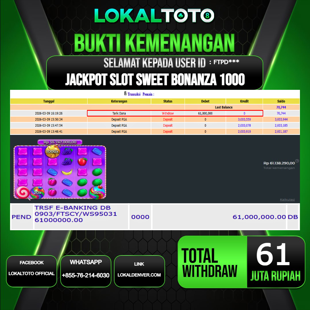 LOKALTOTO JACKPOT SLOT SWEET BONANZA 1000 RP.61.000.000.,- LUNAS USER ID  : FTPD***