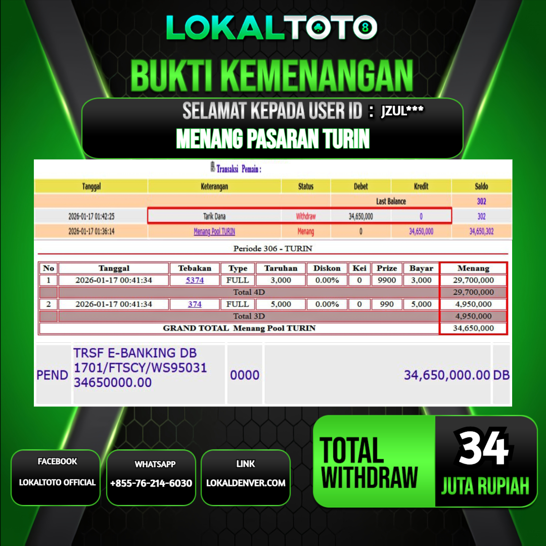 LOKALTOTO JACKPOT PASARAN TURIN RP.34.000.000.,- LUNAS USER ID  : JZUL***