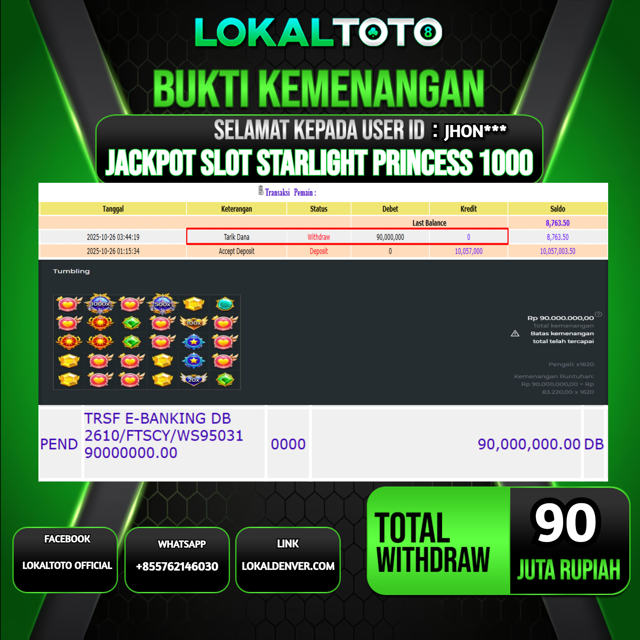 LOKALTOTO JACKPOT SLOT STARLIGHT PRINCESS 1000 RP.90.000.000.,- LUNAS USER ID  : JHON***