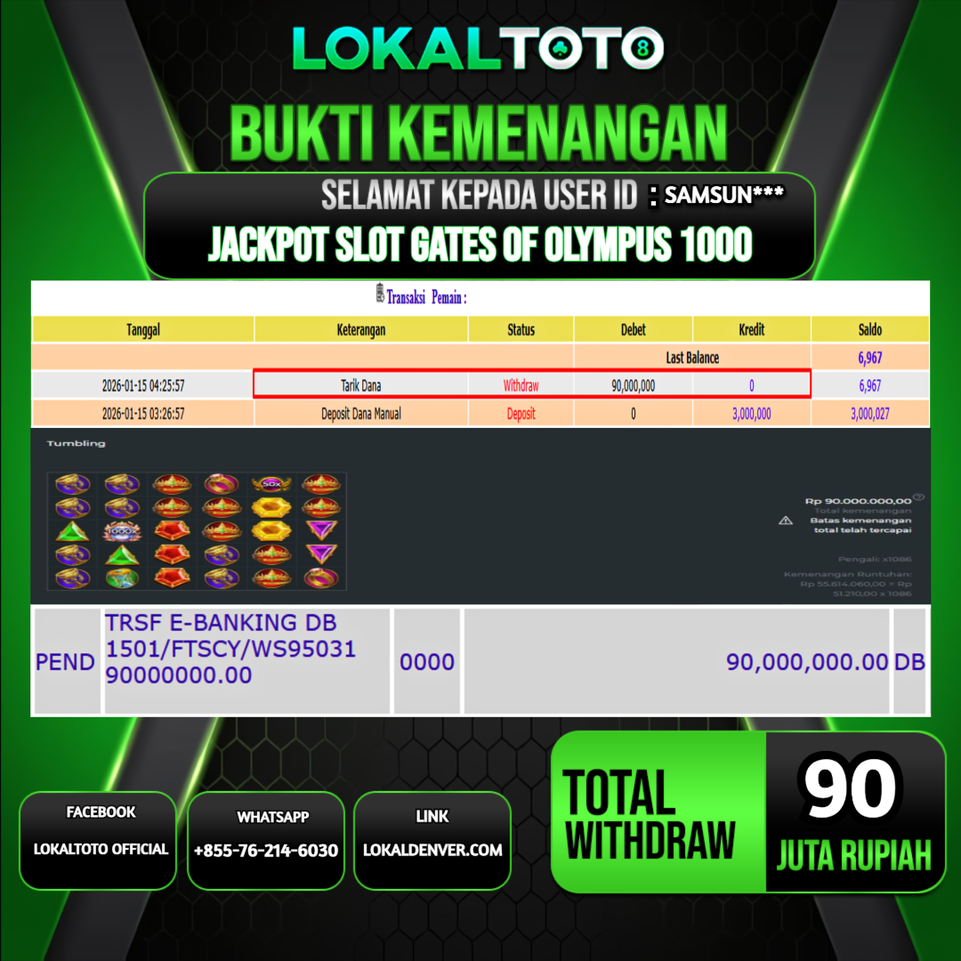 LOKALTOTO JACKPOT SLOT GATES OF OLYMPUS 1000 RP.90.000.000.,- LUNAS USER ID  : SAMSUN***
