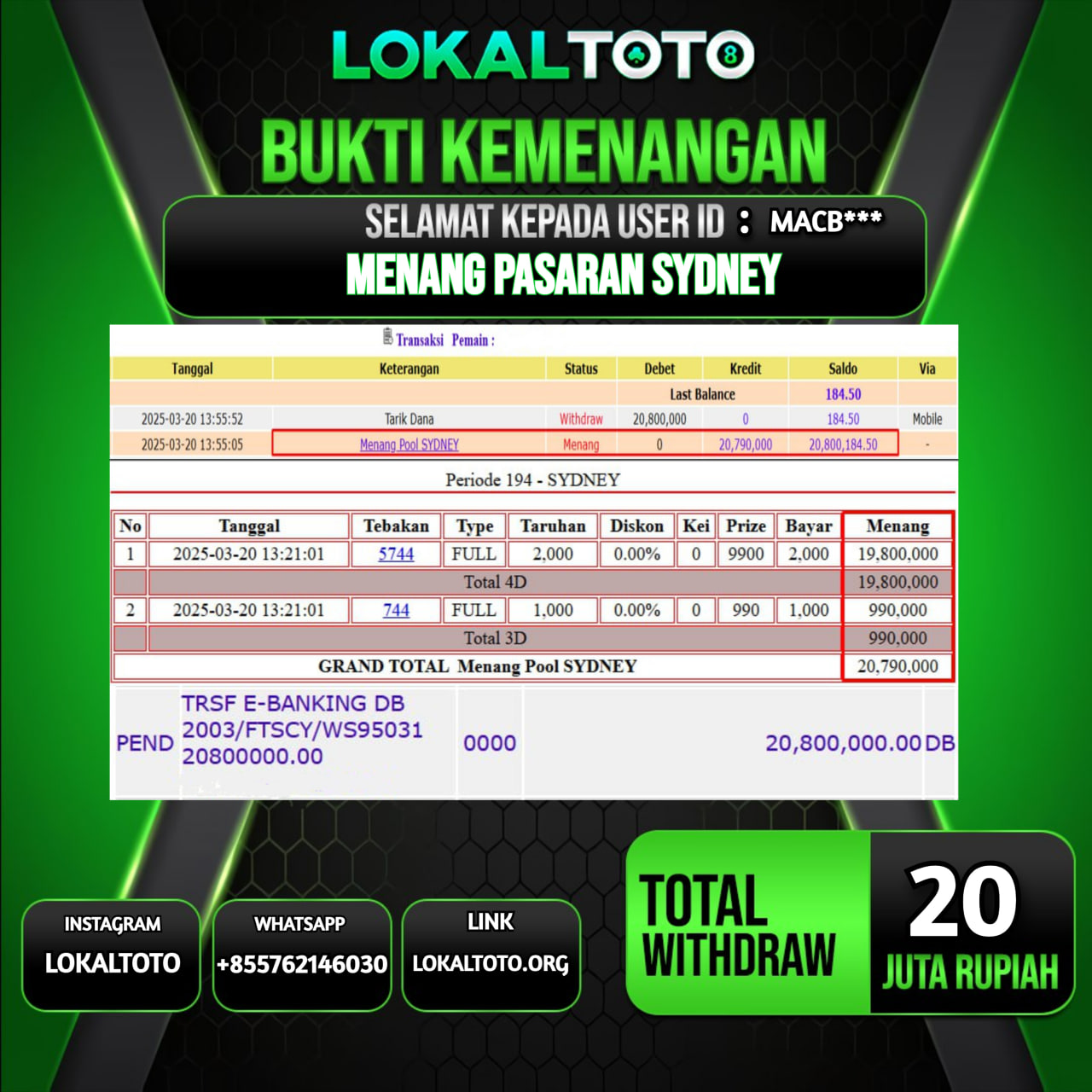 LOKALTOTO JACKPOT TOGEL PASARAN SYDNEY RP.20.000.000.,- LUNAS USER ID : MACB***