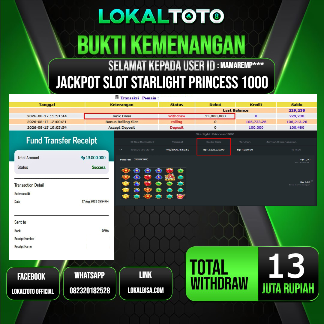 LOKALTOTO JACKPOT SLOT STARLIGHT PRINCESS 1000 RP.13.000.000.,- LUNAS USER ID : MAMAREMP***
