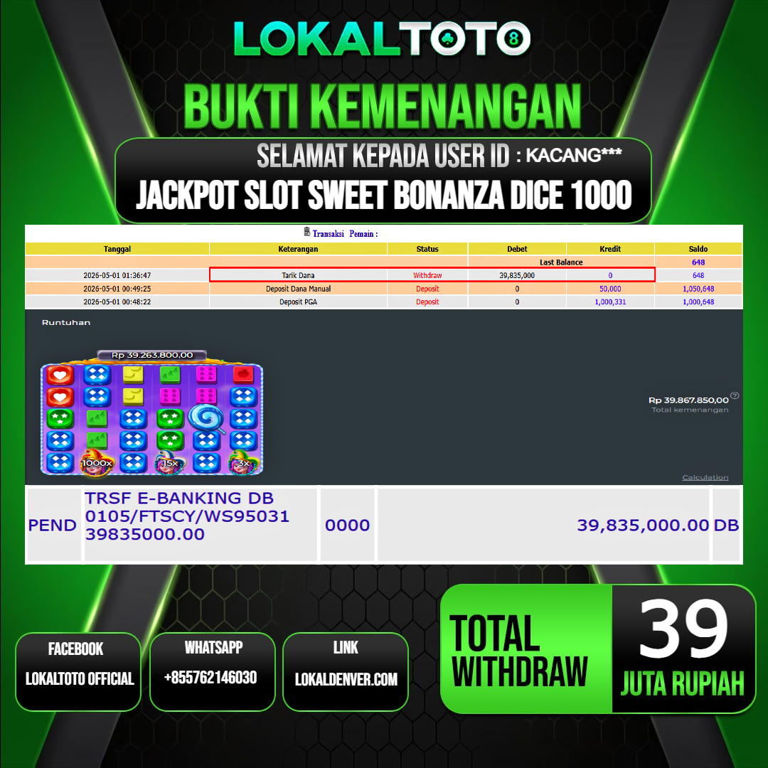 LOKALTOTO JACKPOT SLOT SWEET BONANZA DICE 1000 RP.39.000.000.,- LUNAS USER ID  : KACANG***