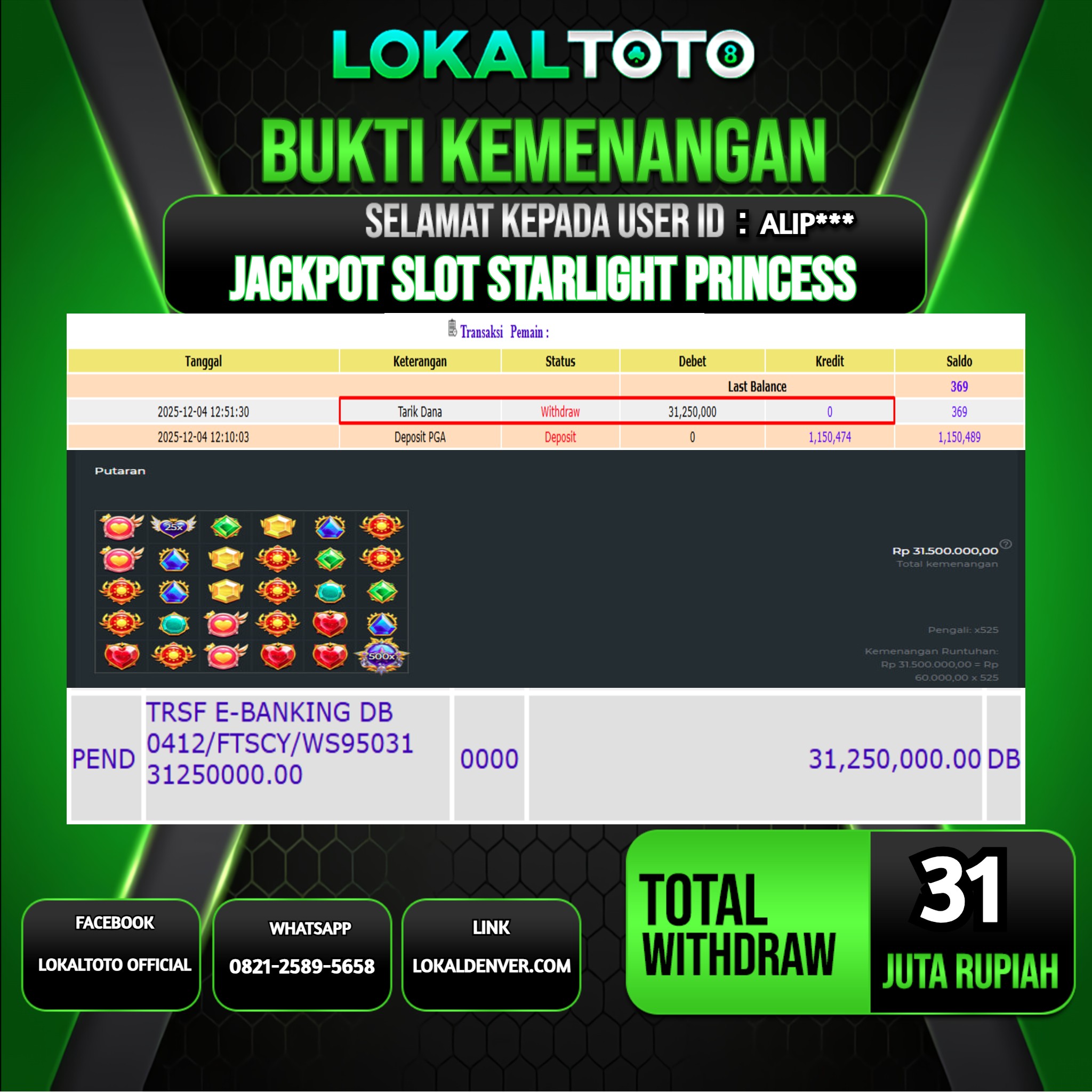 LOKALTOTO JACKPOT SLOT STARLIGHT PRINCESS RP.31.000.000.,- LUNAS USER ID  :  ALIP***