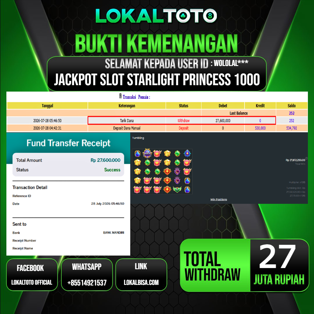 LOKALTOTO JACKPOT SLOT STARLIGHT PRINCESS 1000 RP.27.000.000.,- LUNAS USER ID : WOLOLAL***
