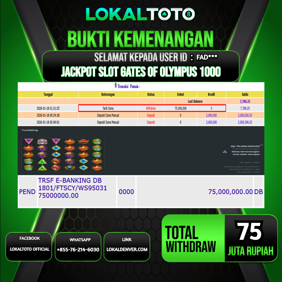 LOKALTOTO JACKPOT SLOT GATES OF OLYMPUS 1000 RP.75.000.000.,- LUNAS USER ID  : FAD***