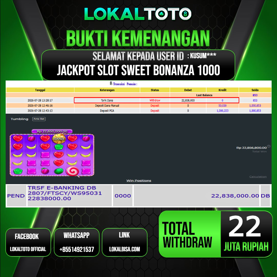 LOKALTOTO JACKPOT SLOT SWEET BONANZA 1000 RP.22.000.000.,- LUNAS USER ID : KUSUM***