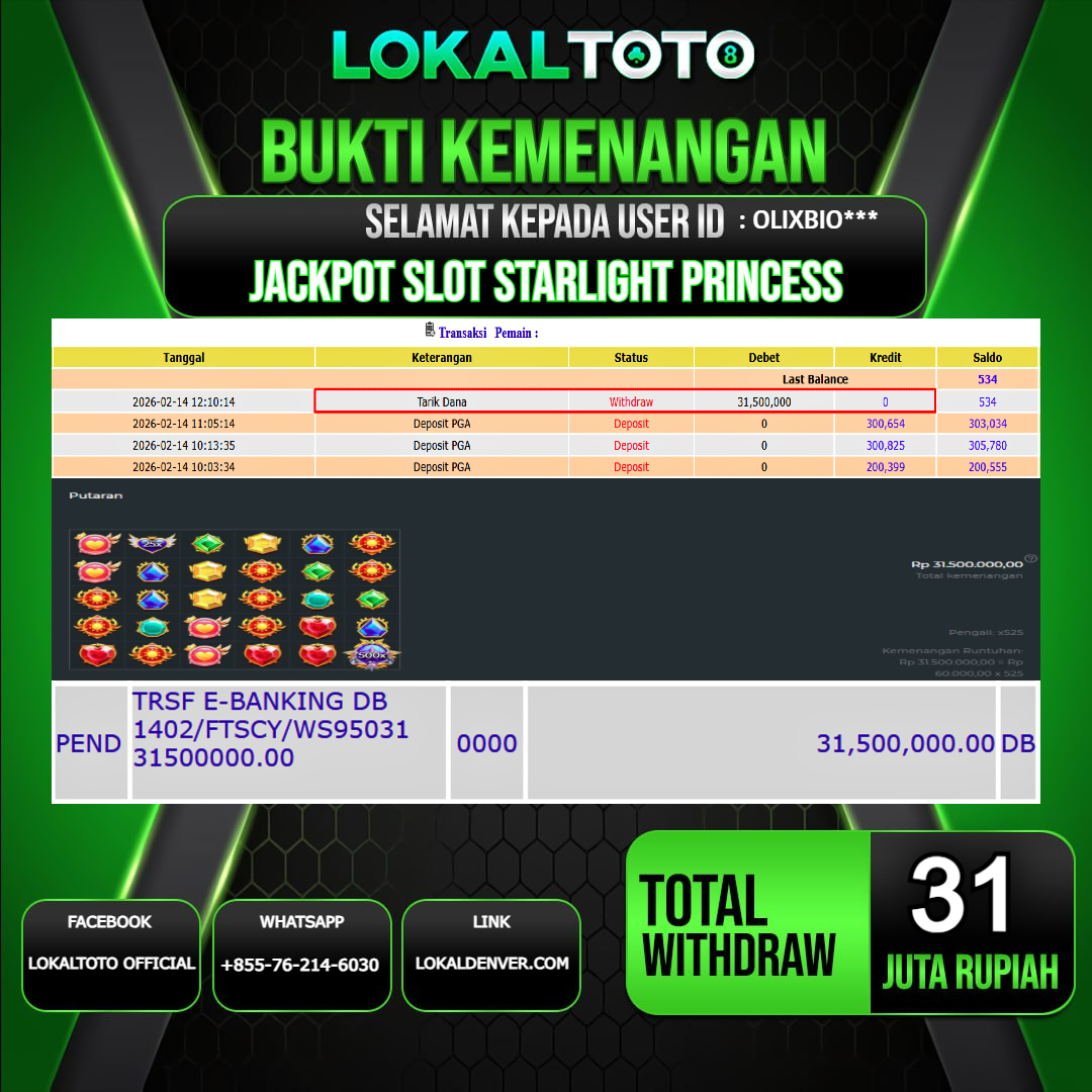 LOKALTOTO JACKPOT SLOT STARLIGHT PRINCESS RP.31.000.000.,- LUNAS USER ID  : OLIXBIO***