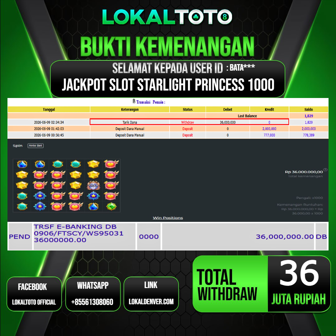 LOKALTOTO JACKPOT SLOT STARLIGHT PRINCESS 1000 RP.36.000.000.,- LUNAS USER ID  : BATA***