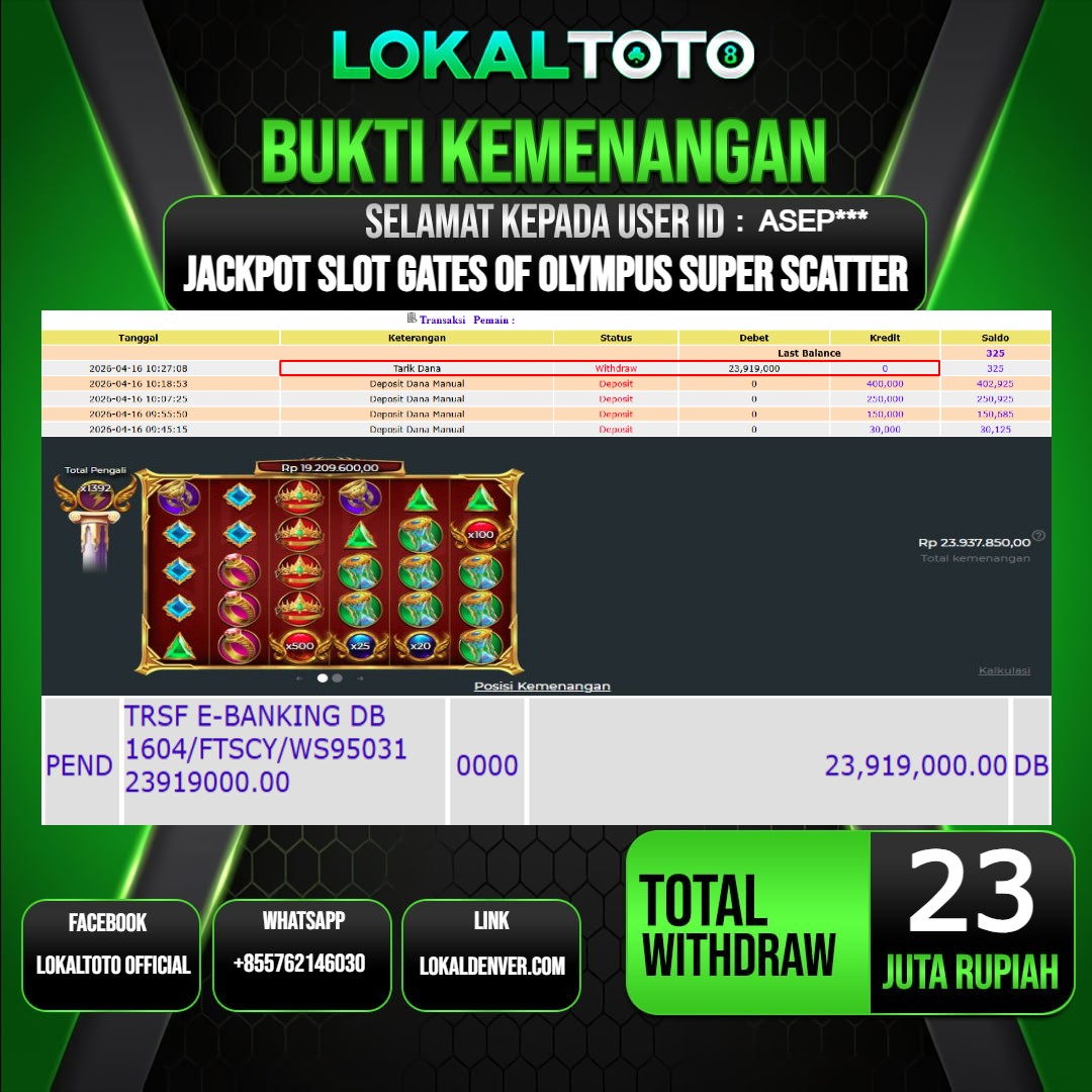 LOKALTOTO JACKPOT SLOT GATES OF OLYMPUS SUPER SCATTER RP.23.000.000.,- LUNAS USER ID  : ASEP***